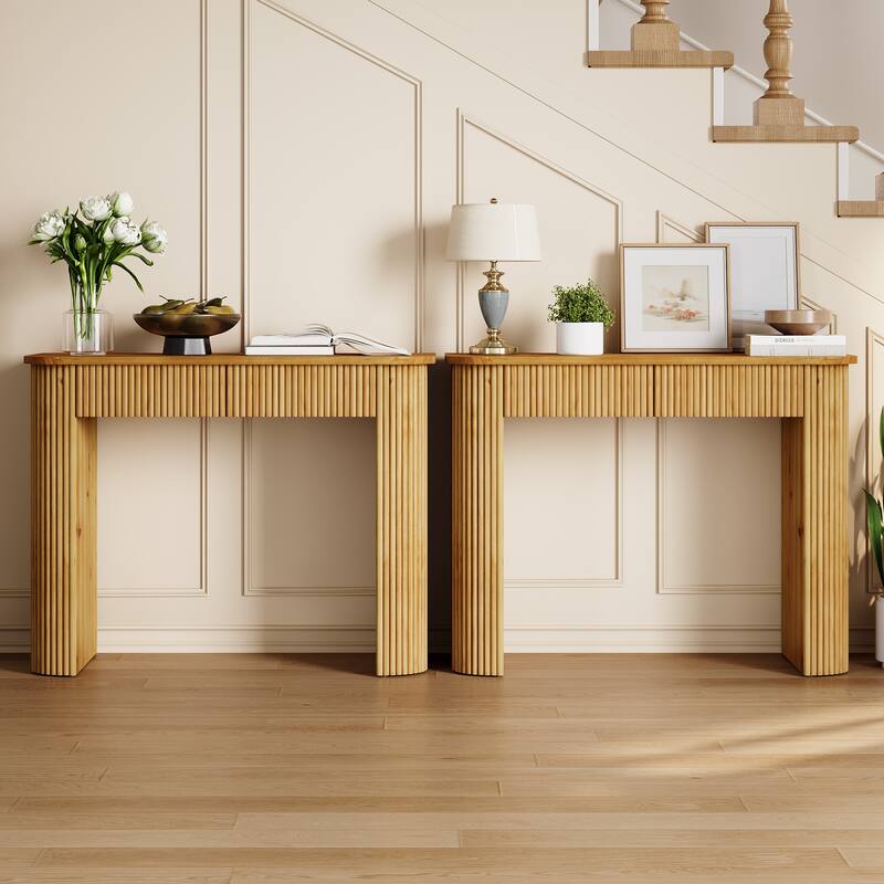 Solid Wood Console Table with 2 Drawers, 39-Inch Modern Fluted Entryway Table, Oak - 38.58" L x 15.75" W x 33.46" H