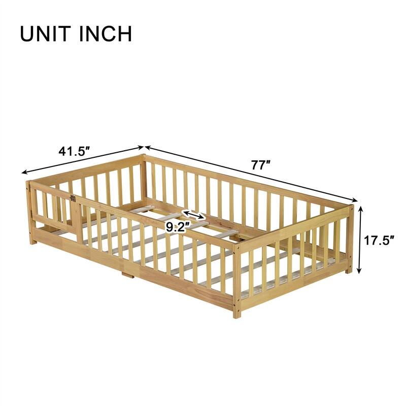 Twin/Full/Queen Size Floor Bed with Fence Guardrails and Door, Rubber Wood Toddler Bed Montessori Bed with Slats Support