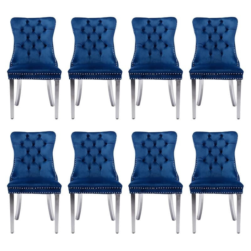 Tufted Naliheads Solid Wood Upholstered Dining Chairs (Set of 8) - Navy SliverLegs