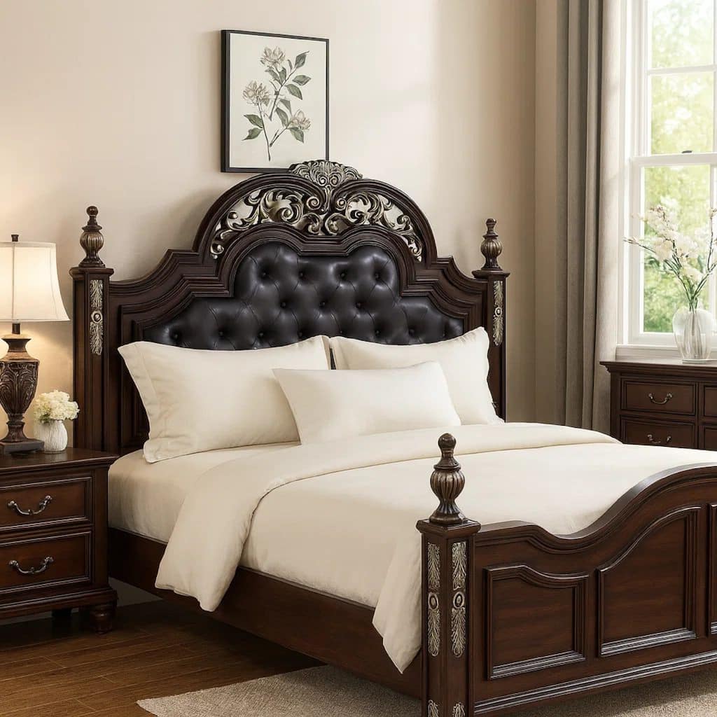 Leatherette and Wood Queen Headboard with Carving and Mirror Inlay, Brown