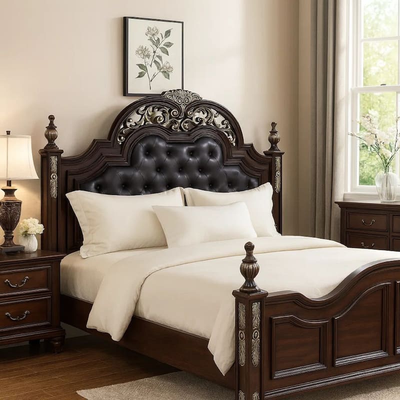 Leatherette and Wood Queen Headboard with Carving and Mirror Inlay, Brown