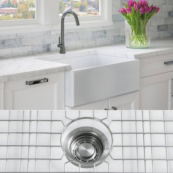 slide 2 of 19, Fossil Blu 30-Inch SOLID Fireclay Farmhouse Sink in White, Stainless Steel Accessories, Flat Front - 30 x 20 x 10