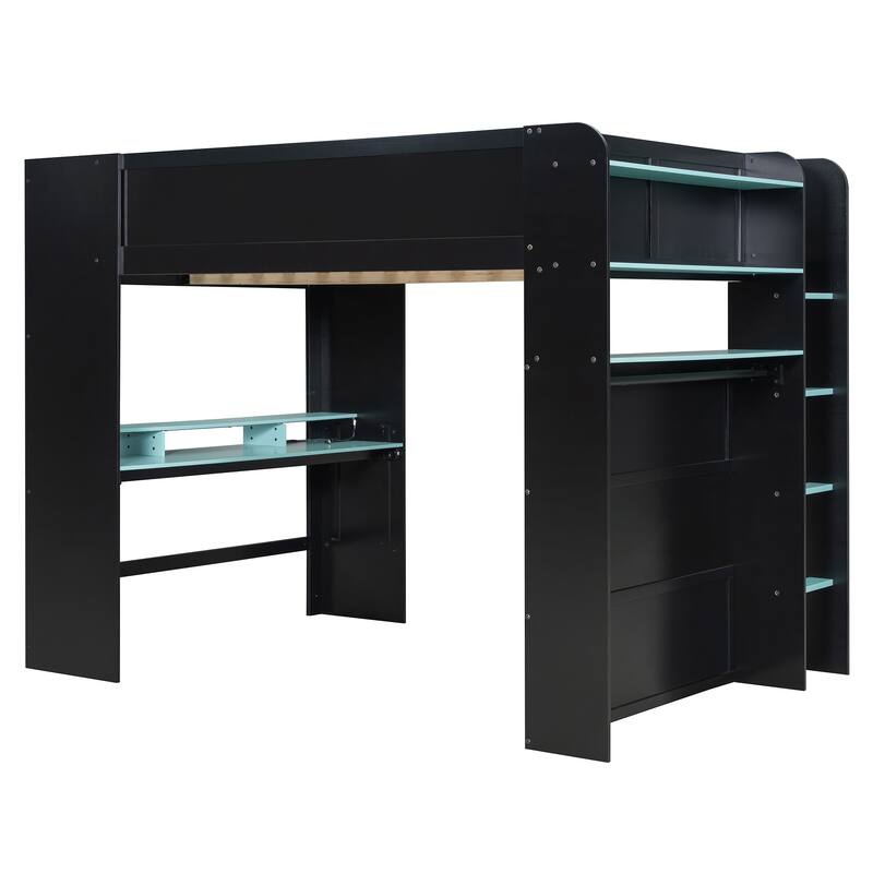 Roomfitters Full Size Loft Bed with Adjustable Desk, Wardrobe Storage, and RGB Lighting