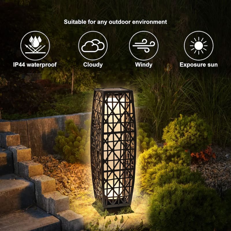 Tall Solar Floor Lantern Outdoor Rattan Light 7"x7"x27" Weatherproof