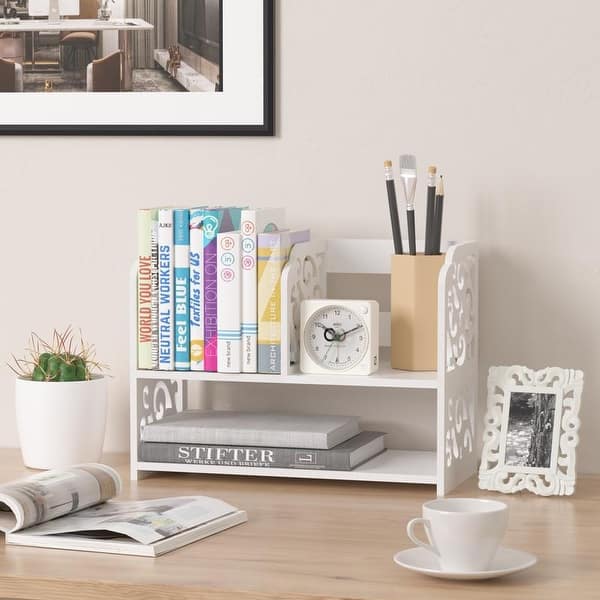slide 2 of 9, 3 Compartment Wood Plastic Composite Desk Organizer Book Shelf Organizer Cookie Rack Desk Organizer - Wood - overstock.com/bedbathandbeyond.com - White