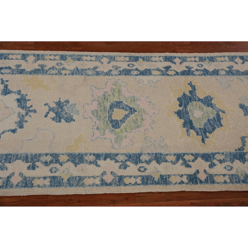 Hand Knotted Oriental 100% Wool Carpet Transitional Floral Beige & Ivories Oushak Runner Rug - 13' 8'' X 2' 11''