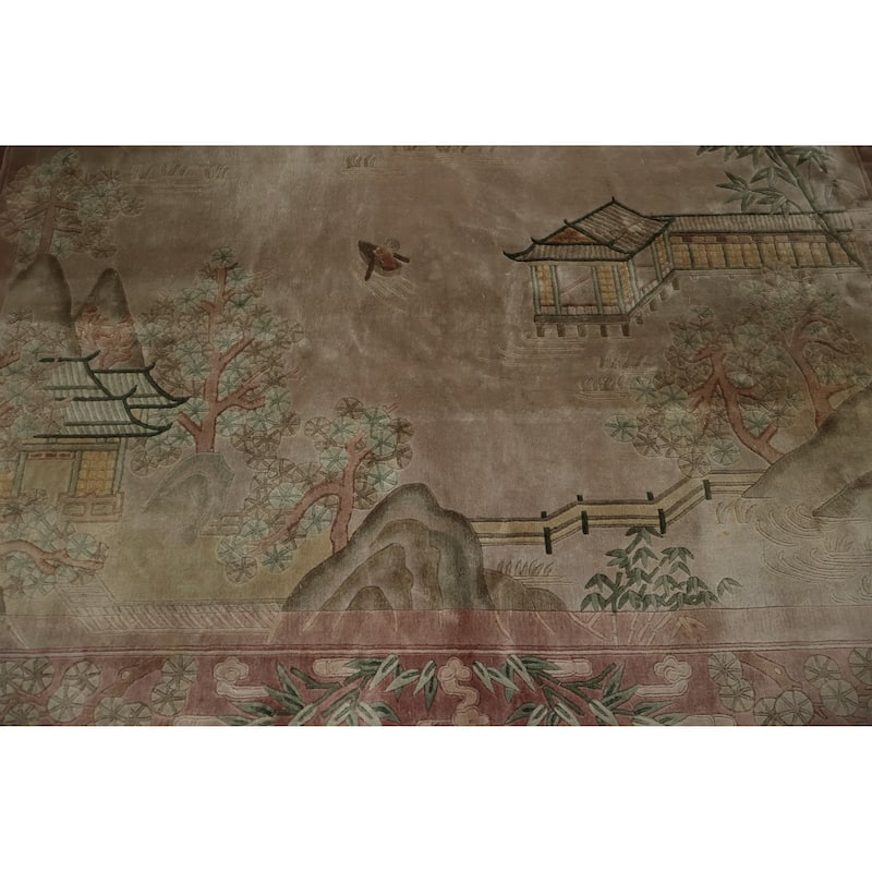 Hand Knotted Oriental Silk Carpet Traditional Pictorial Brown Art Deco Area Rug - 9' 2'' X 6' 0''