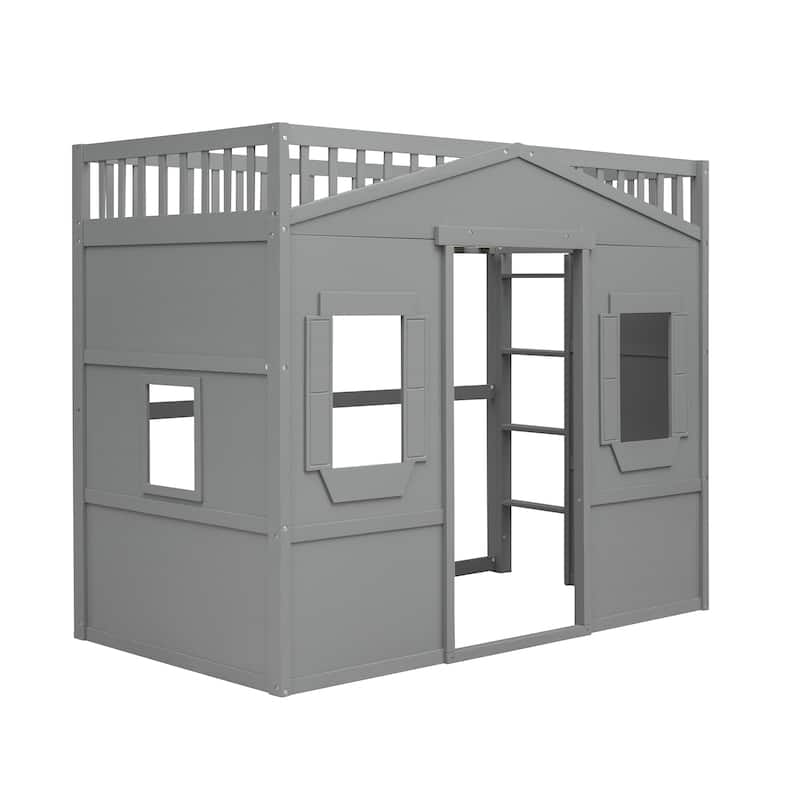 Gray Castle Style Twin Solid Pine Loft Bed with Ladder, Guard Rails