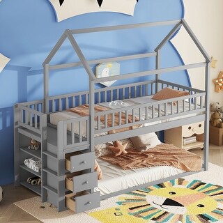Twin Over Twin House Bunk Bed with Storage Shelves and Drawers for Kids Room