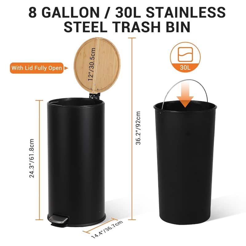 8 Gallon Step Trash Can with Natural Bamboo Lid, Removable Inner Bucket for Kitchen