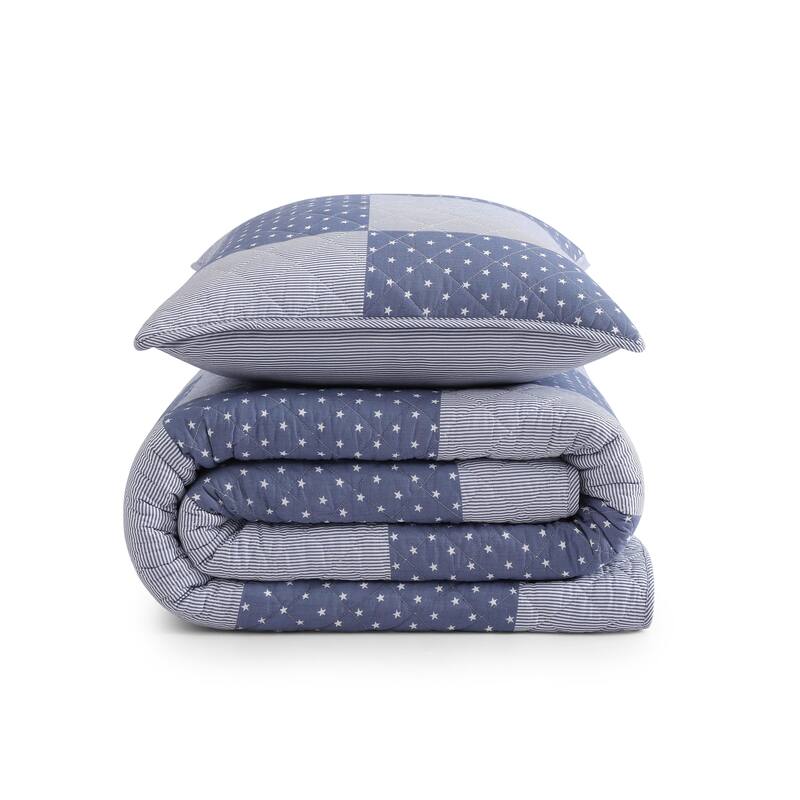 Tommy Hilfiger Ithaca Stargaze Patchwork Blue Cotton Reversible Quilt Set