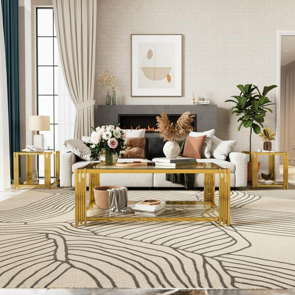 3-Piece Gold & Glass Living Room Table Set with Asymmetrical Metal Frames and Lower Shelves by Harper&Bright Designs