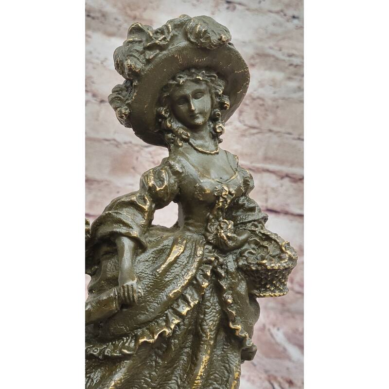 Bronze Victorian Lady And Boy Sculpture On Marble Base