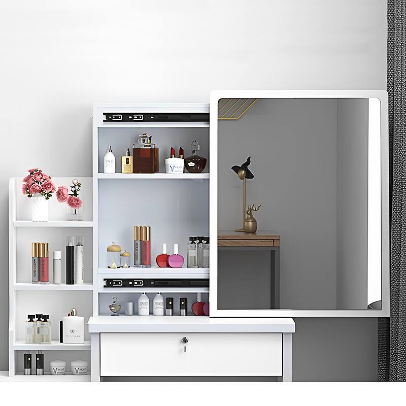 Vanity Set with Lighted Mirror & Cushioned Stool, Large Mirror Makeup Vanity Table Dressing Table w/ 4 Drawers & Storage Shelves