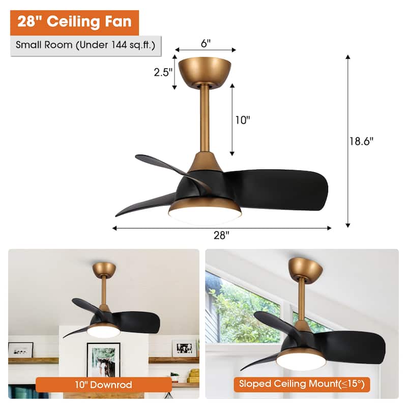 28" Black Modern Dimmable LED Ceiling Fan with Light and Remote