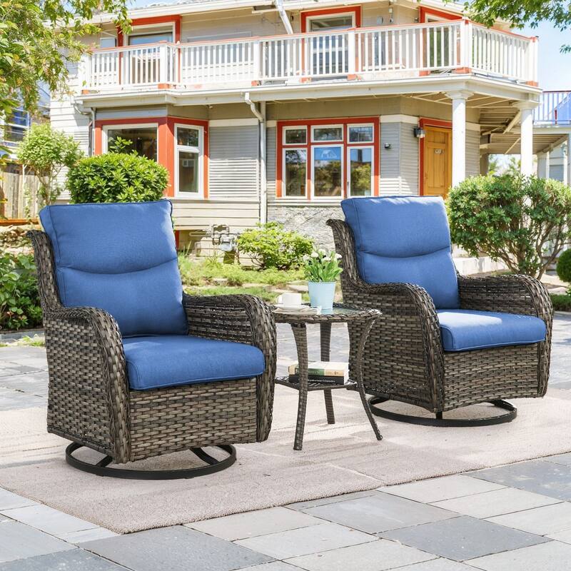 Outdoor Swivel Rcoker Patio Chair with Coffee Table - Blue - Grey