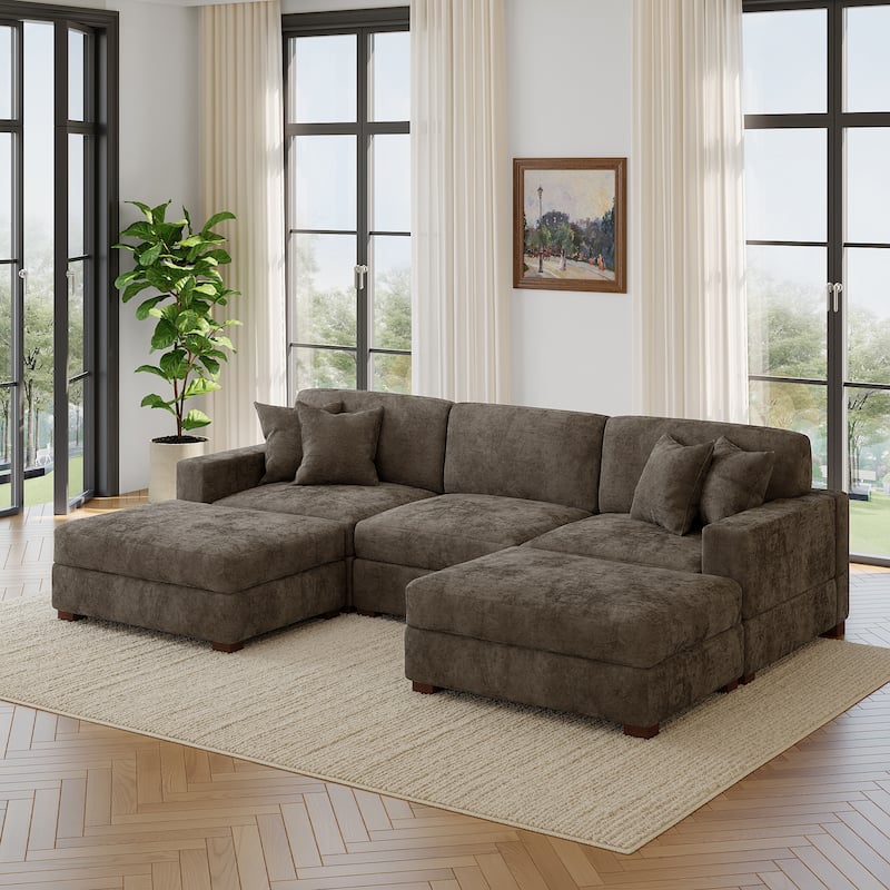 Modern Chenille Oversized Modular Sectional Sofa with 2 Ottoman - Camel-5 Piece