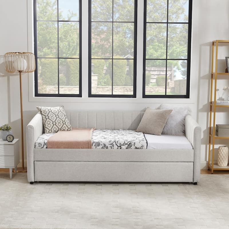 Vertical Stripes Daybed with Trundle Upholstered Sofa Bed - Beige - Twin