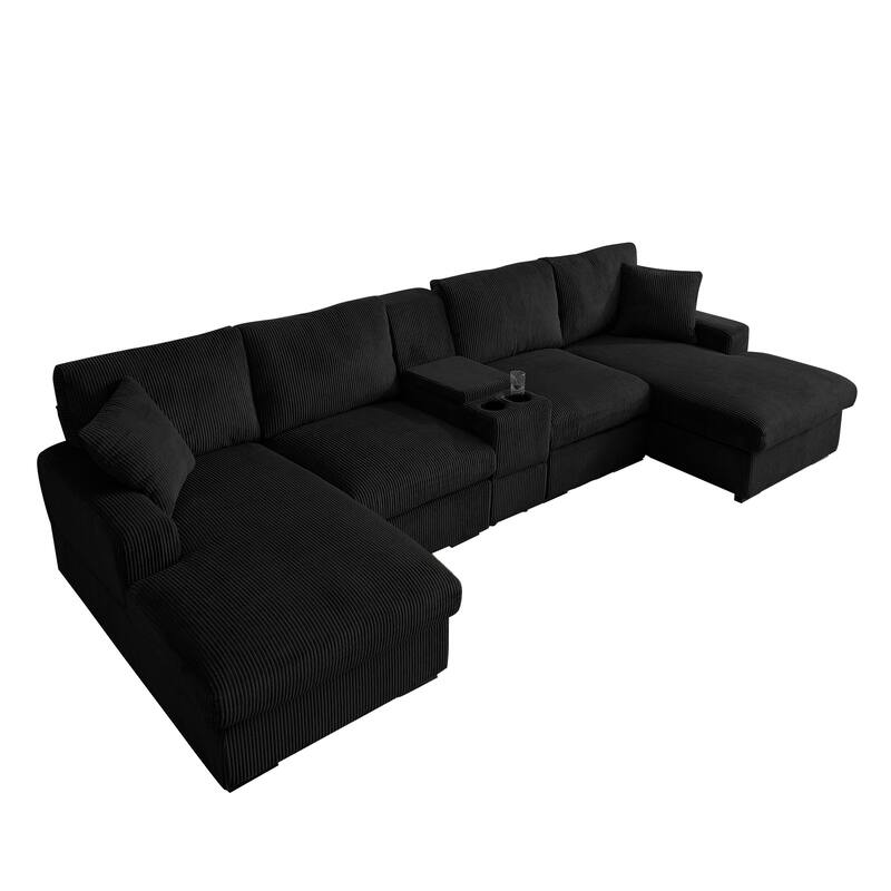 Modern Memory Foam Couch Corduroy U-shaped Sectional Sofa with Storage Console, Cup Holders and USB Ports for Living Room