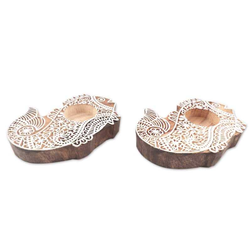 Novica Handmade Finned Friends Wood Tealight Candle Holders (Pair)