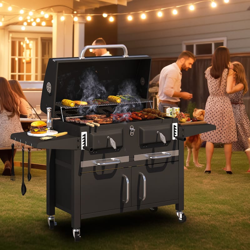 Heavy-Duty Charcoal Grill with Foldable Tables, Enameled Grate, 860 Sq. In. Cooking Area, Adjustable Trays for Outdoors