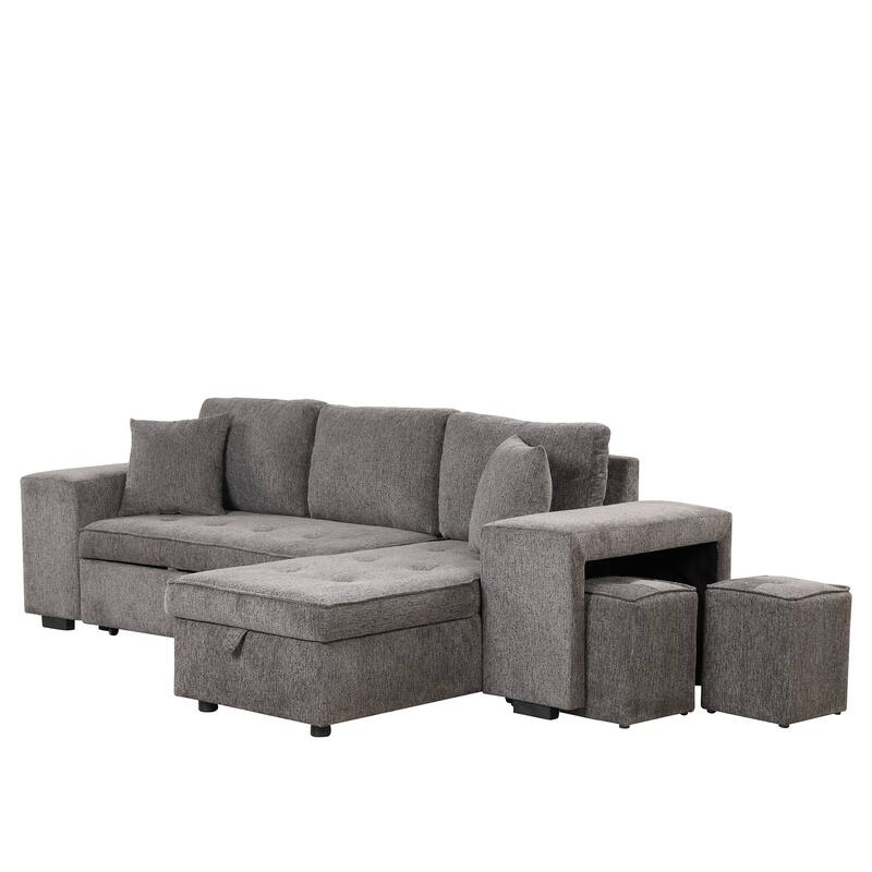 Modern L-Shape 3 Seat Reversible Sectional Couch, Pull Out Sleeper Sofa with Storage Chaise and 2 Stools