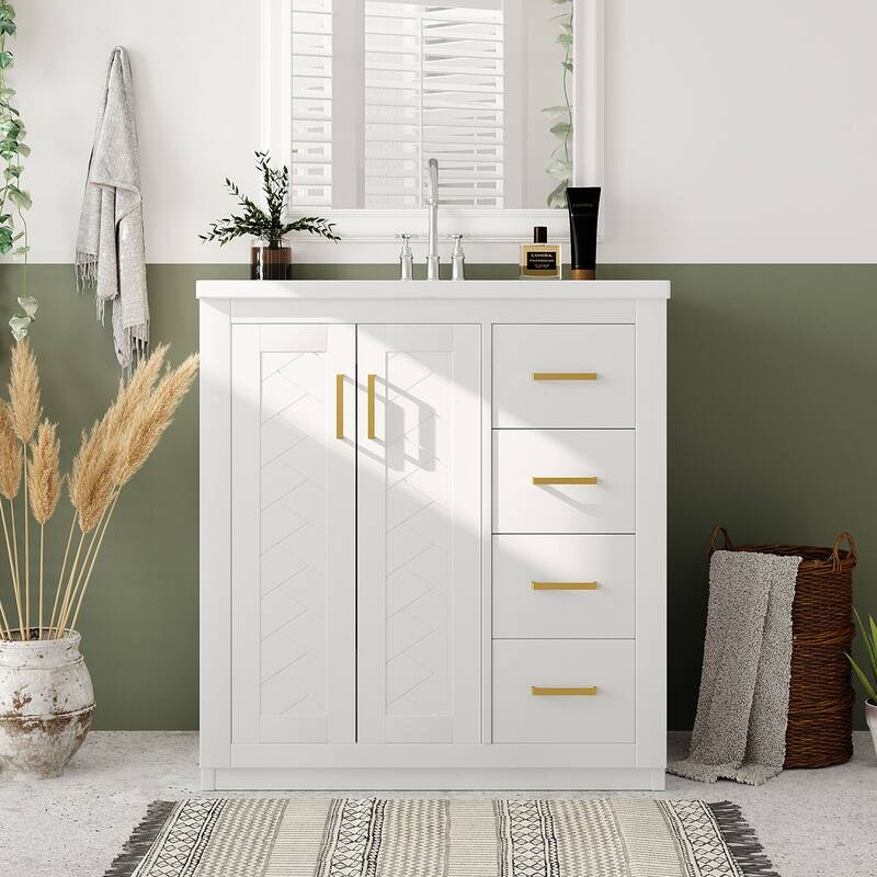 30'' Bathroom Vanity with Resin Sink Combo,Solid Wood Frame Bathroom Storage Cabinet with 3 Drawers& 2 Soft Closing Doors - White