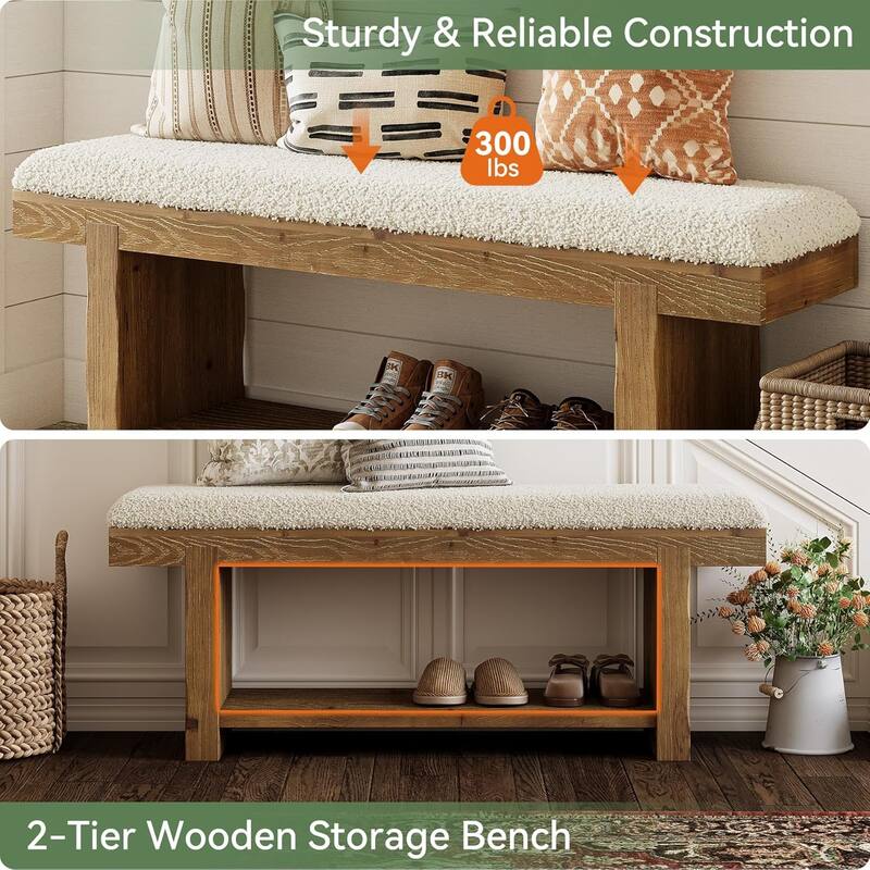 47.2" Solid Wood Entryway Bench, 2-Tier Farmhouse Upholstered Bedroom Bench