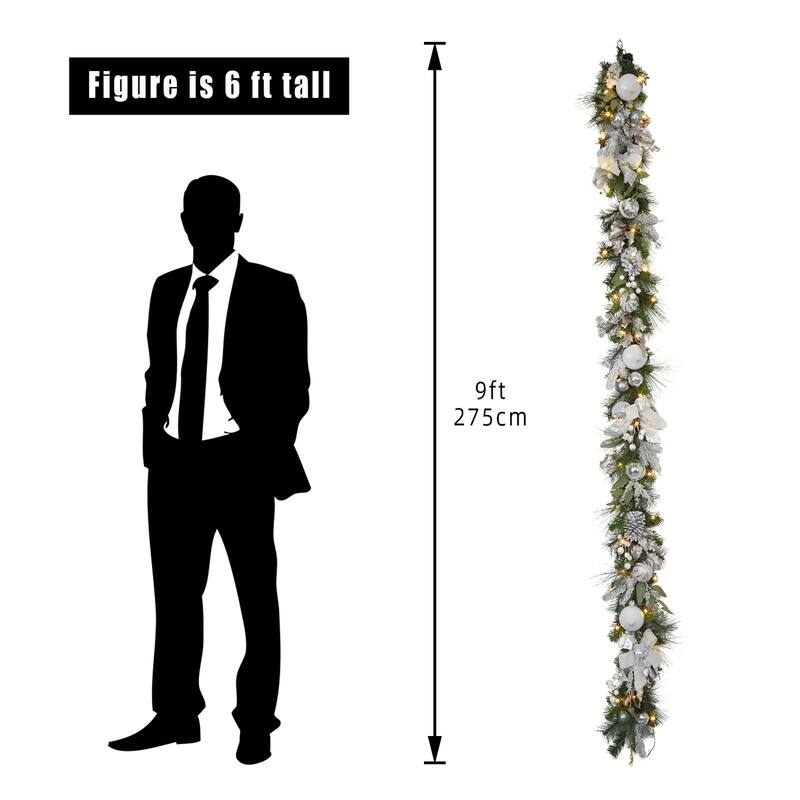 9 ft Pre-Lit Christmas Garland for Mantle Outdoor Fireplace Table Stair Railing Decoration, Silver