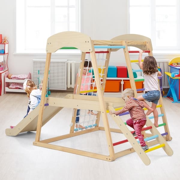 slide 2 of 10, 6-in-1 Indoor Jungle Gym Kids Wooden Playground with Monkey Bars-Multicolor - Multicolor - 81" x 44" x 47" Kids