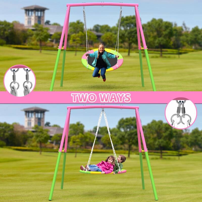 Flying Saucer Swing Set with Heavy Duty A-Frame Metal Swing Stand, Full Steel, Outdoor for Kids, Backyard, Playground