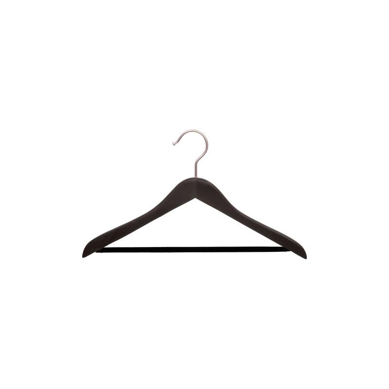 Espresso Concave Wooden Suit Hanger with Non-Slip Black Velvet Pant Bar, 17" Length x 5/8" Thick, Satin Chrome Hook Box of 12