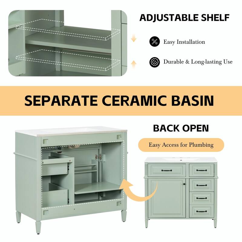 36-Inch Bathroom Vanity with Ceramic Sink Top, Solid Wood Frame and MDF Cabinet