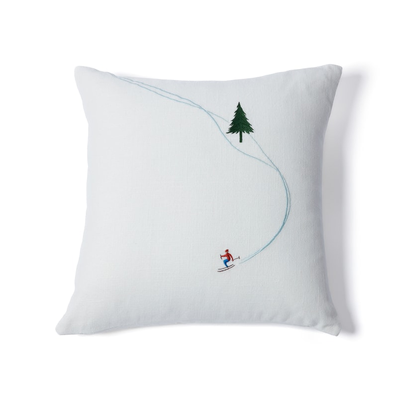 Ski Mountain Winter Scene Cotton Embroidered Throw Pillow, 16" x 16"