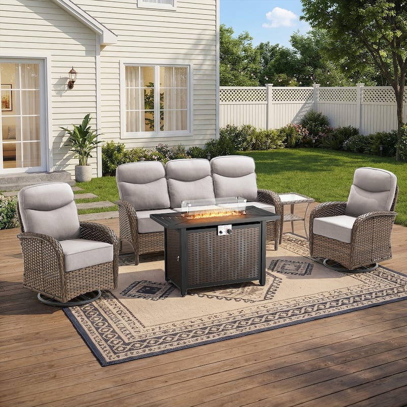 Pocassy Outdoor Sofa Swivel Chair and Ottman with 43in Fire Pit Table - Brown Wicker Beige Cushion - 5-Piece Sofa Swivel Chiar with Fire Table