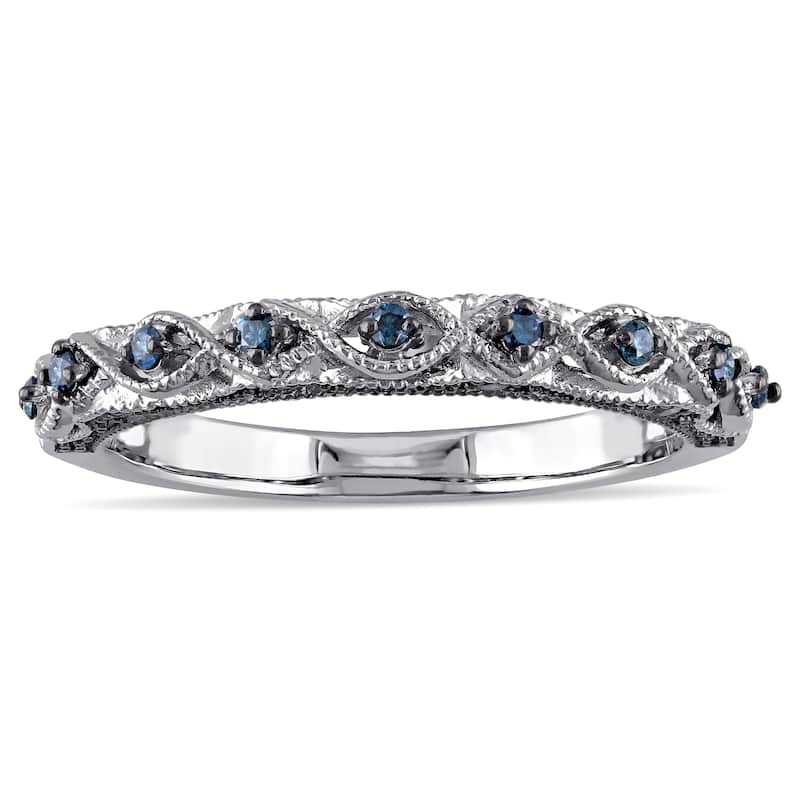 Miadora 10k White Gold 1/6ct TDW Blue Diamond Vintage Filigree Wedding Band