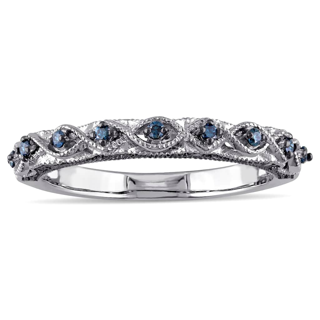 Miadora 10k White Gold 1/6ct TDW Blue Diamond Vintage Filigree Wedding Band