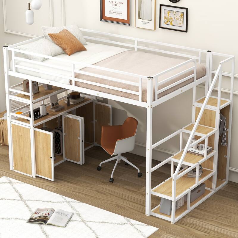 Full Size Metal Loft Bed with Storage Staircase, Wardrobe, Shelves, and Lockers in White