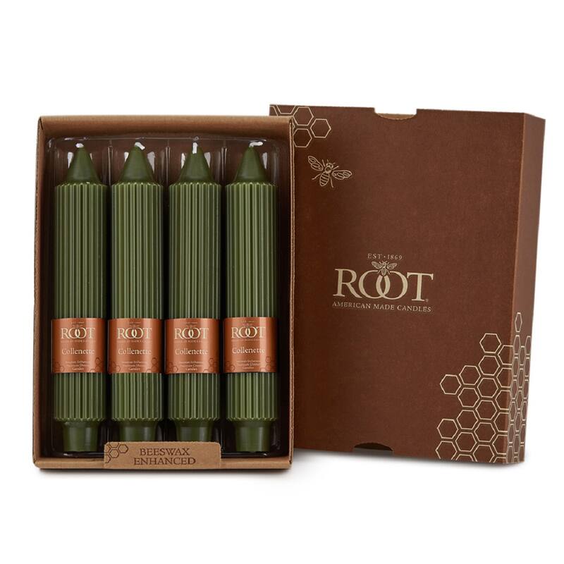 Root Unscented Grecian Collenette Taper Candles box of 4 - 7 X 1-1/4 - Darl Olive