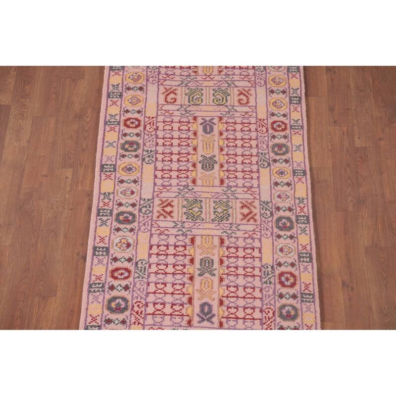 Tribal Pink Geometric Khotan Oriental Runner Rug Handmade Wool Carpet - 2'5"x 9'11"
