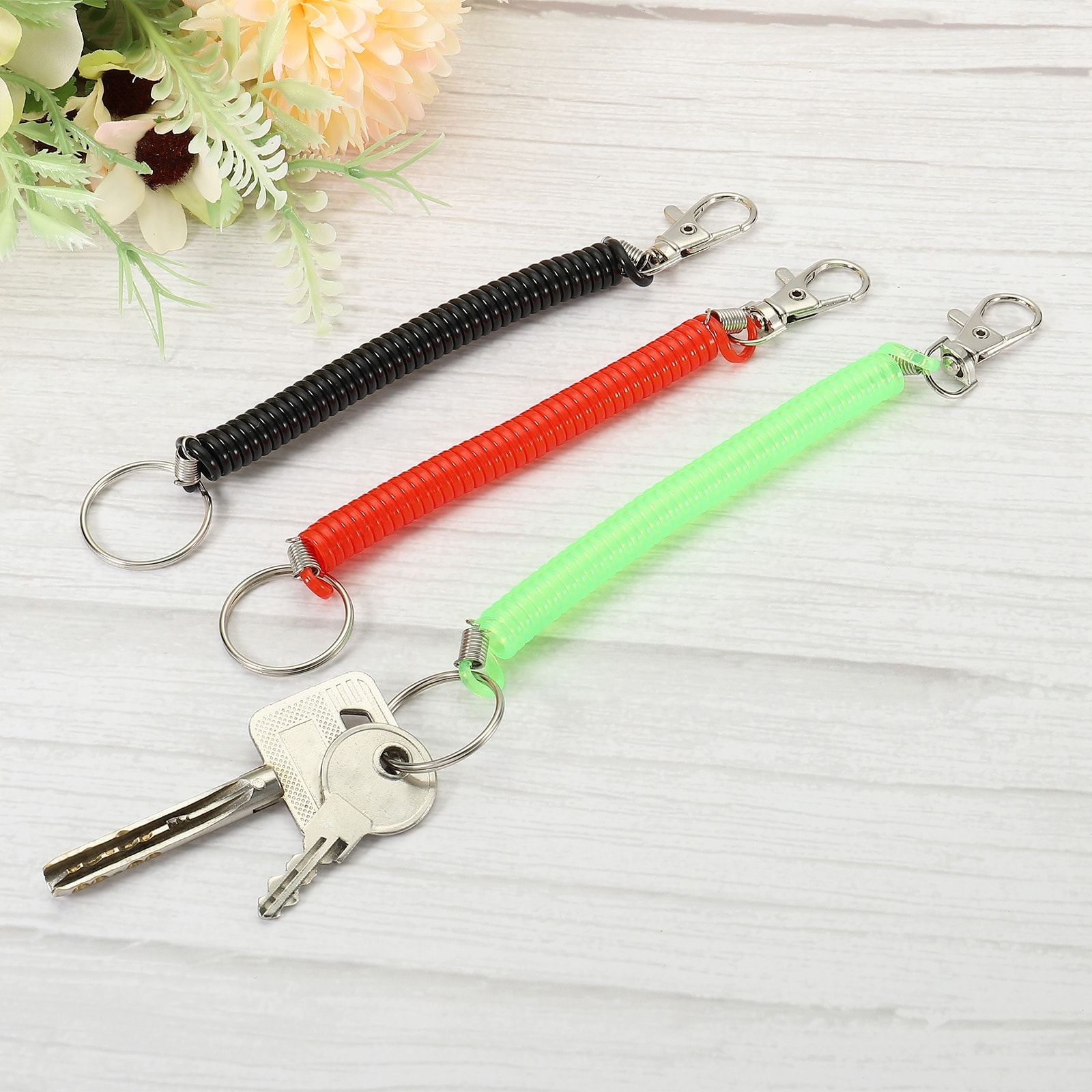 Unique Bargains 6.7 Spiral Retractable Spring Coil Keychain, 3 Pack Key Ring - Red Green Black - 17cm