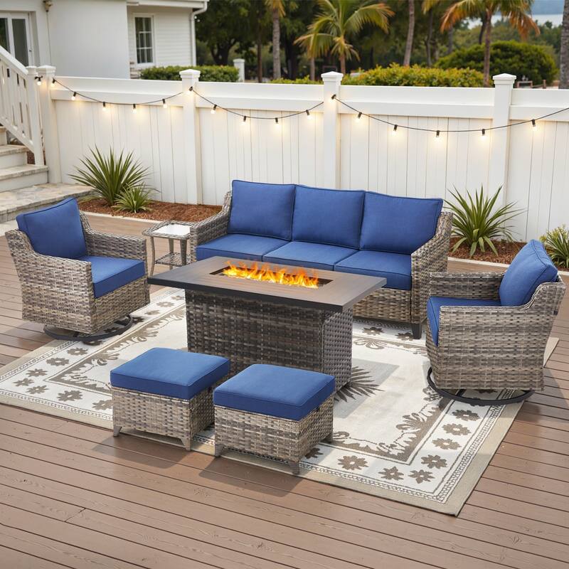 Glissia 7-Piece Gray Wicker Fire Pit Conversation Set with height-adjustable fire pit - Navy Blue Cushions - Gray Wicker
