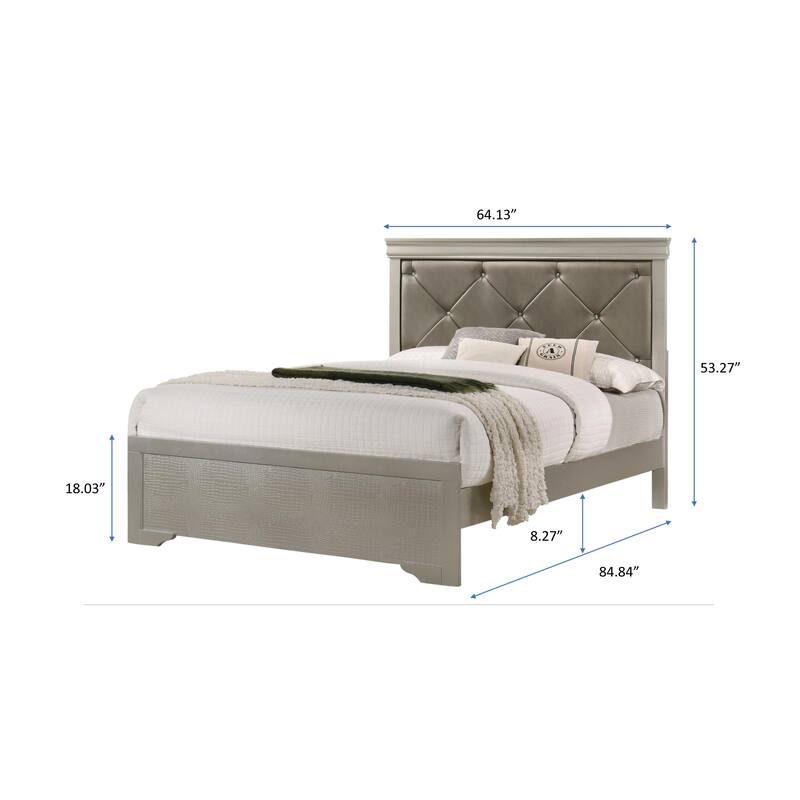 Queen Size Wood Panel Bed with Crocodile Texture Headboard and Crystal Button Tufting