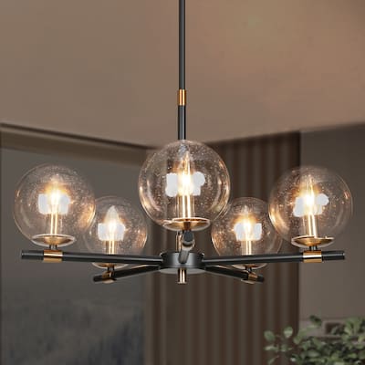 Modern 5-Light Black Gold Wheel Chandelier Globe Glass Pendant Lights for Dining Room - 22" D x 14" H