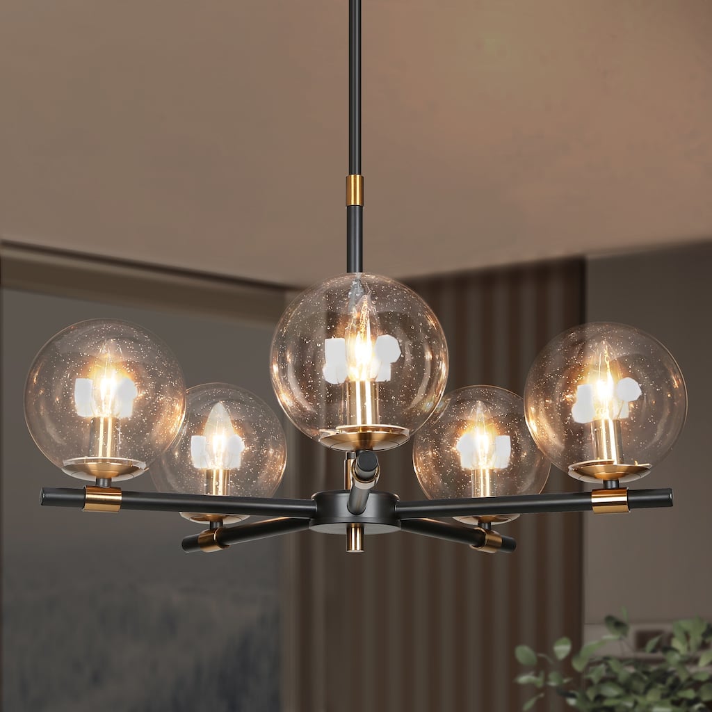 Modern 5-Light Black Gold Wheel Chandelier Globe Glass Pendant Lights for Dining Room - 22" D x 14" H