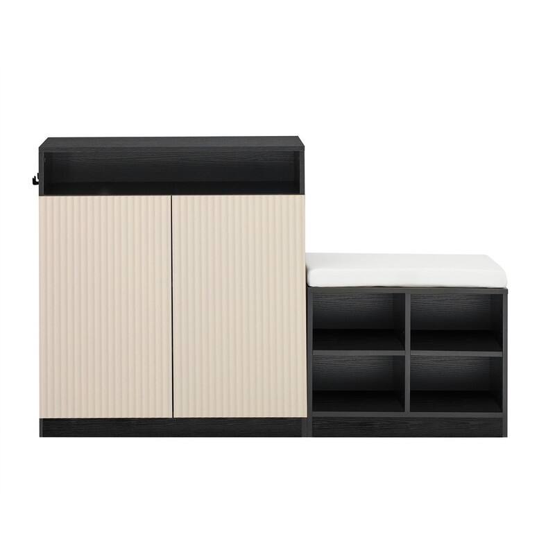 Entryway Bench Cabinet With Cushion, 2 Doors and 3-Tier Adjustable Shelves for Entryway Organization