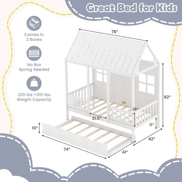 Costway Twin Size House Bed with Trundle Fence Decor Wooden Windows
