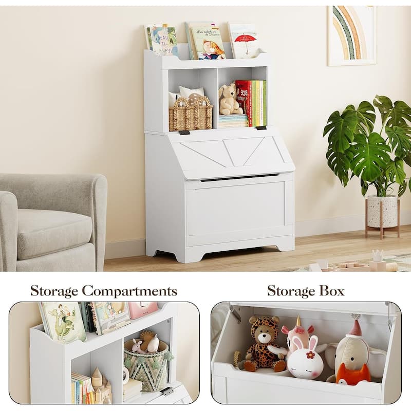 Kids Bookshelf and Storage Organizer, Box Chest with -Top Lid, Toddler Bookcase Cabinet