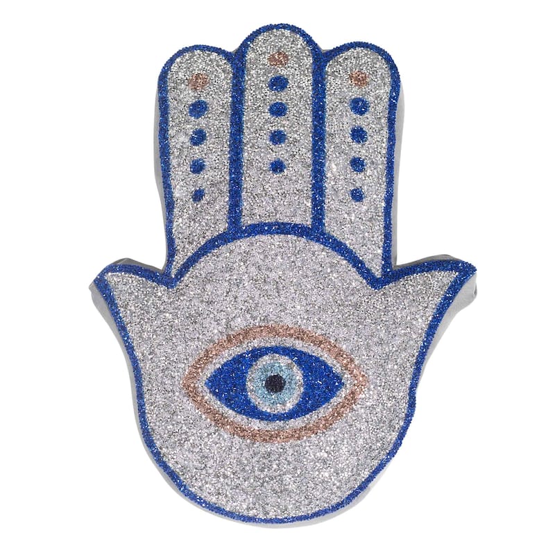 Hamsa Shaped Pillow, Luminous Rhinestones on Silver Velvet
