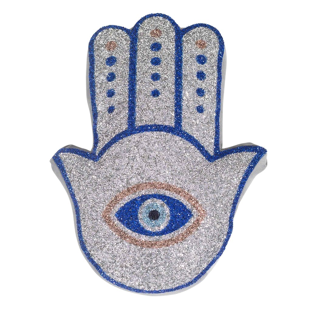 Hamsa Shaped Pillow, Luminous Rhinestones on Silver Velvet